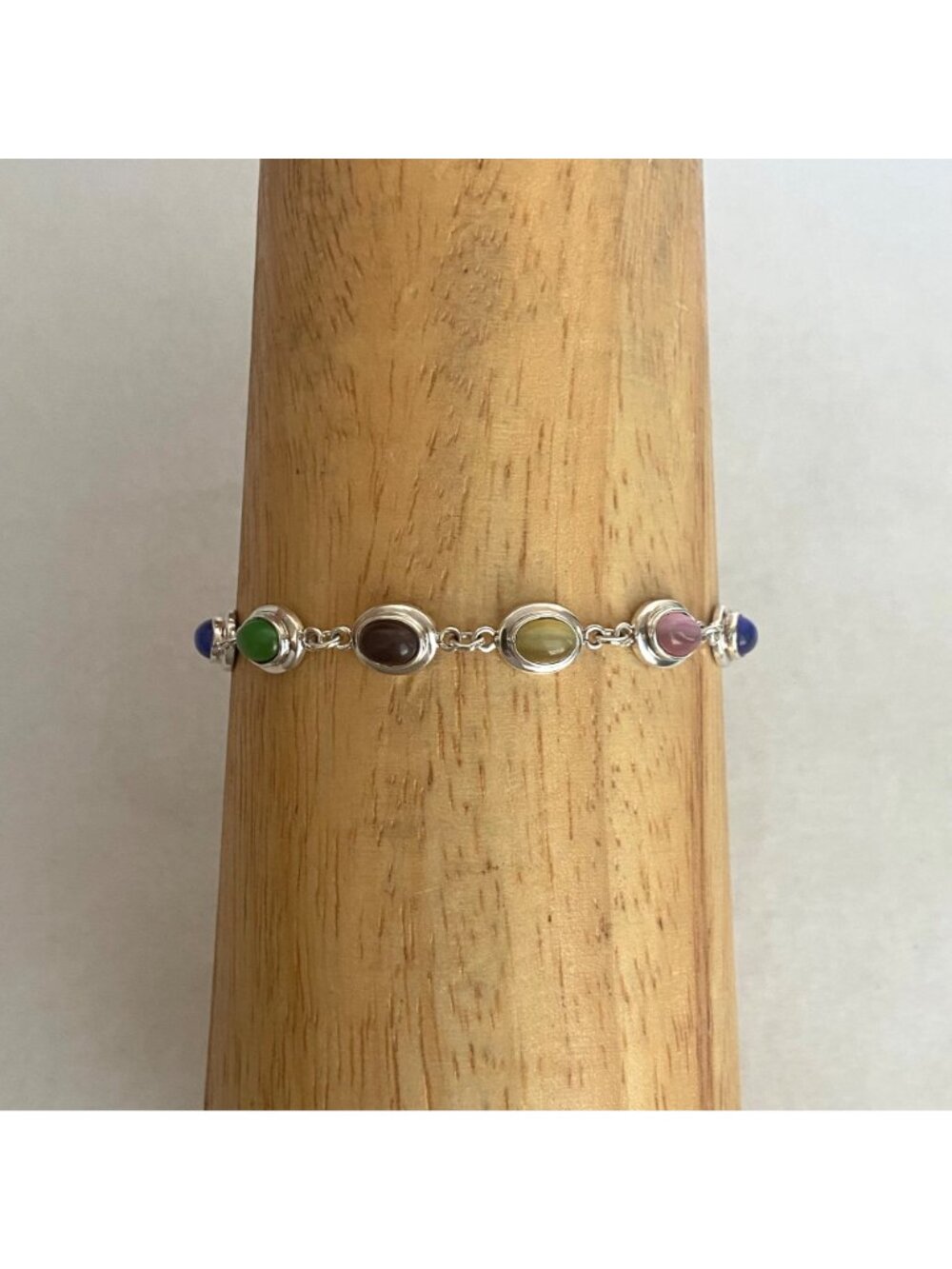 Sterling Silver 925 Multi Colored Oval Cats Eye Link Station Bracelet Sz 7.75" - Picture 12 of 16